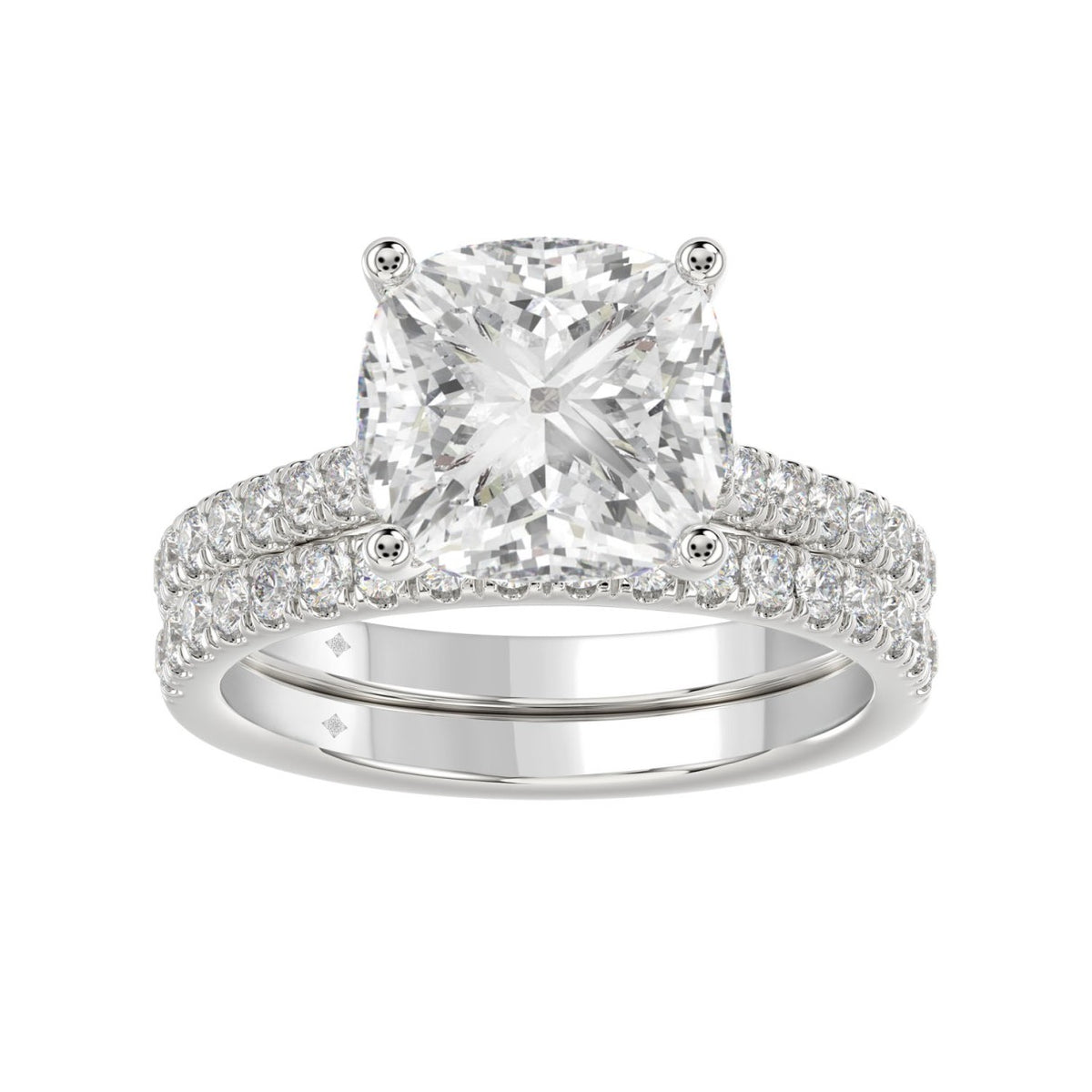 LADIES BRIDAL SET 3 1/2CT ROUND/CUSHION DIAMOND 14K WHITE GOLD (CENTER STONE CUSHION DIAMOND 4CT )