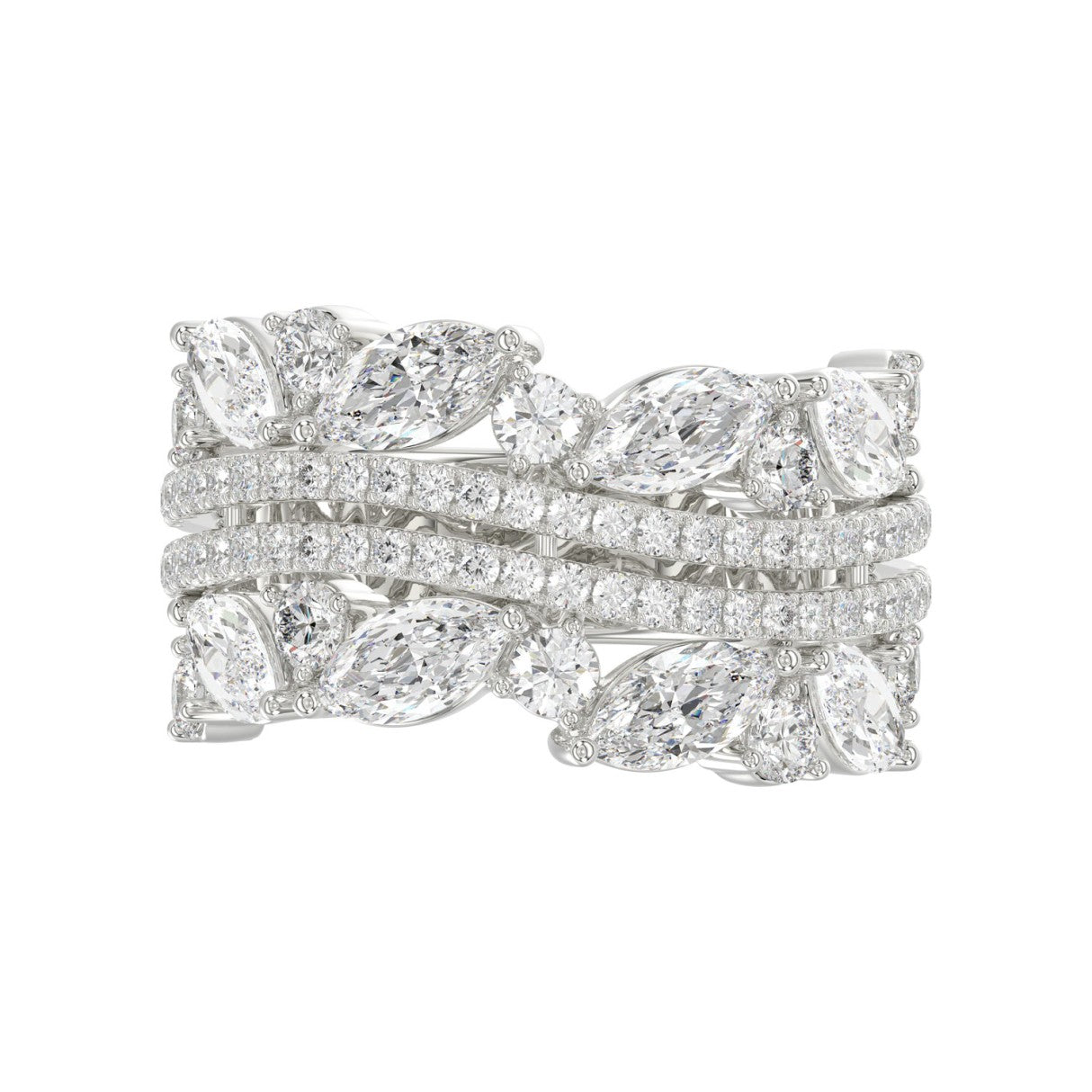 This is a diamond 14k cluster Ladies 2CT Ring featuring Marquise-shaped and round-cut diamonds in a leaf or floral motif set in white gold (Color F-G  Clarity VS1/VS2)