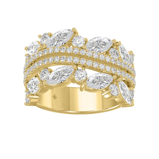 This is a diamond 14k cluster Ladies 2CT  Ring featuring Marquise-shaped and round-cut diamonds in a leaf or floral motif set in Yellow gold (Color F-G  Clarity VS1/VS2)