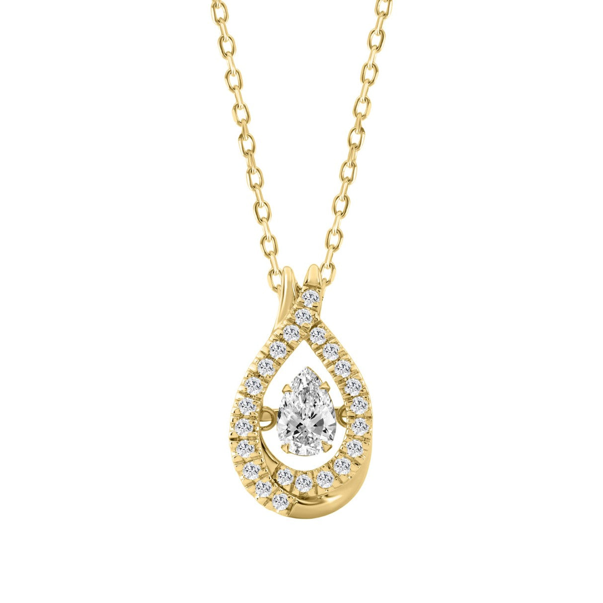 14K YELLOW GOLD 3/4CT ROUND/PEAR DIAMOND LADIES PENDANT WITH CHAIN (CENTER STONE PEAR DIAMOND 1/2CT)