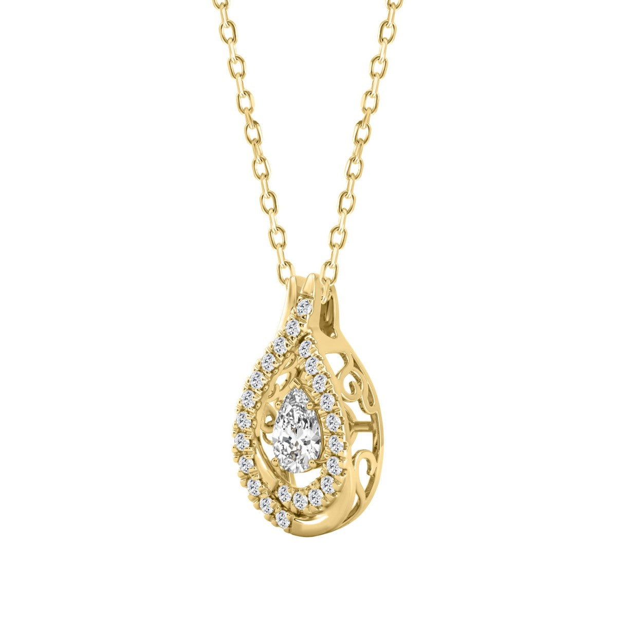 14K YELLOW GOLD 3/4CT ROUND/PEAR DIAMOND LADIES PENDANT WITH CHAIN (CENTER STONE PEAR DIAMOND 1/2CT)