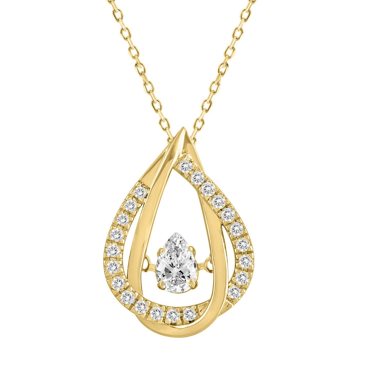 14K YELLOW GOLD 3/4CT ROUND/PEAR DIAMOND LADIES PENDANT WITH CHAIN (CENTER STONE PEAR DIAMOND 1/2CT)