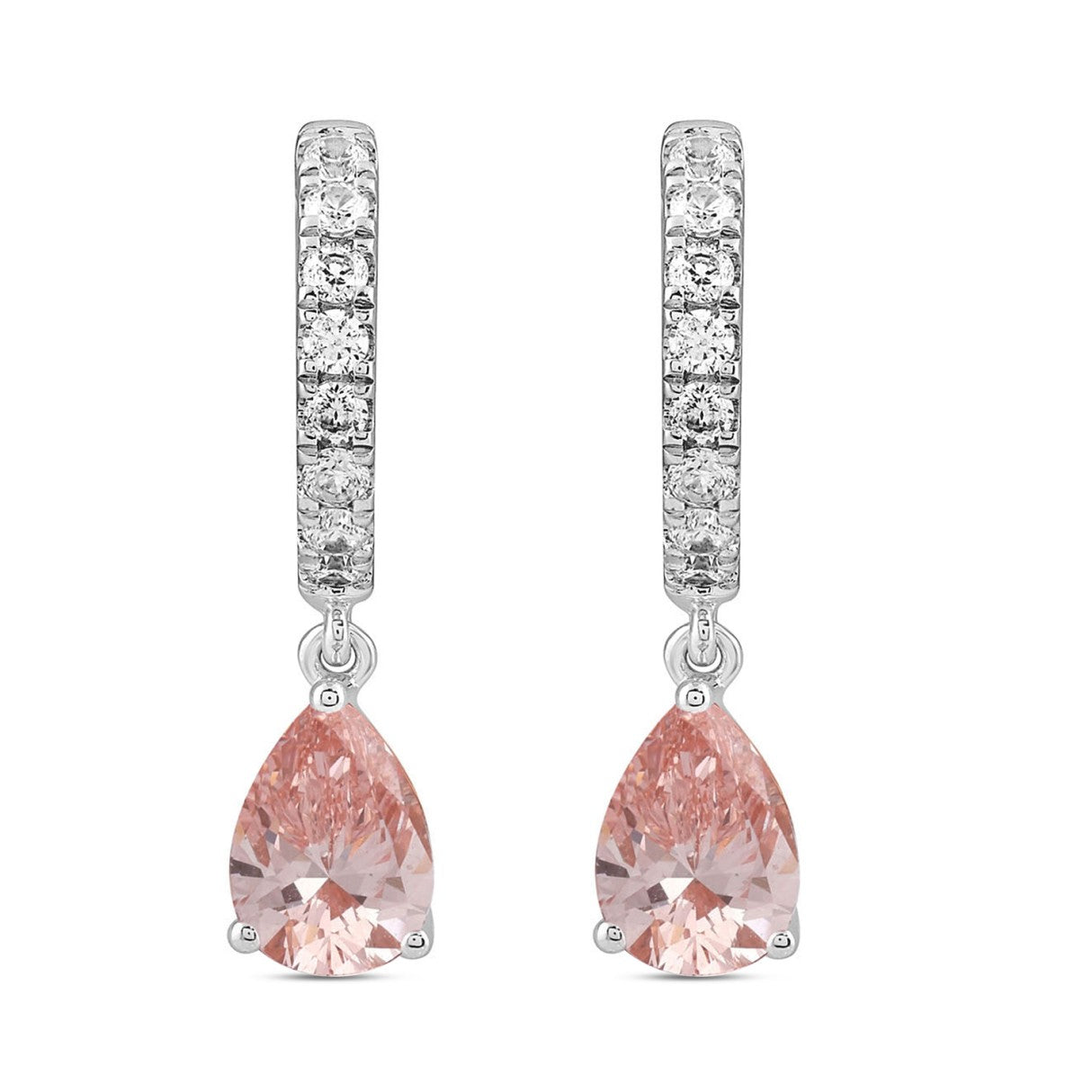 14K WHITE/ROSE GOLD 2.00CT ROUND/PINK PEAR DIAMOND LADIES HOOPS EARRINGS