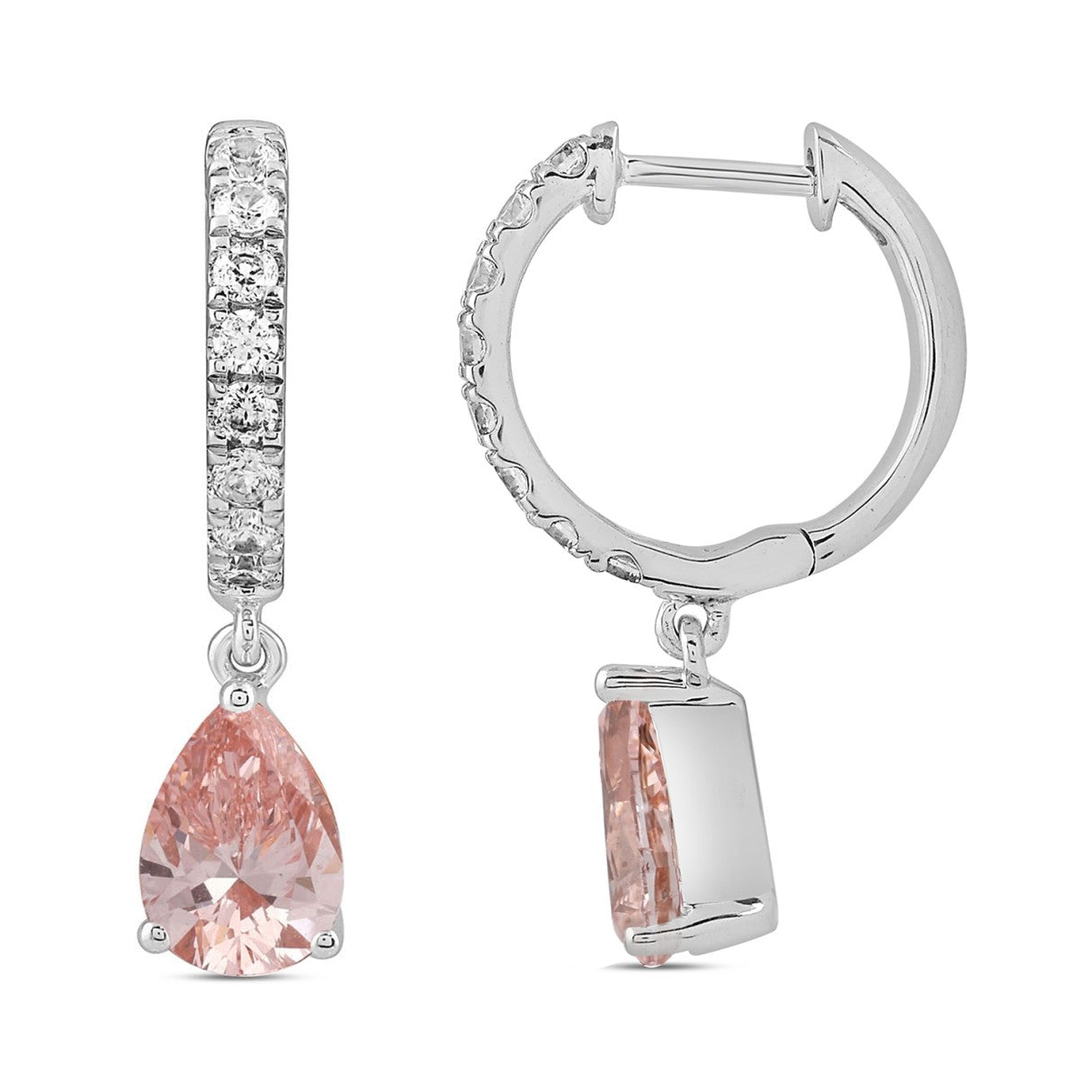 ETERNAL BLUSH COLLECTION 14K WHITE/ROSE GOLD 2.00CT ROUND/PINK PEAR DIAMOND LADIES HOOPS EARRINGS