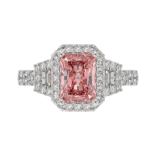 14K WHITE GOLD 2 3/4CT ROUND/BAGUETTE/RADIANT DIAMOND LADIES  RING (CENTER STONE PINK RADIANT DIAMOND 2.00CT)