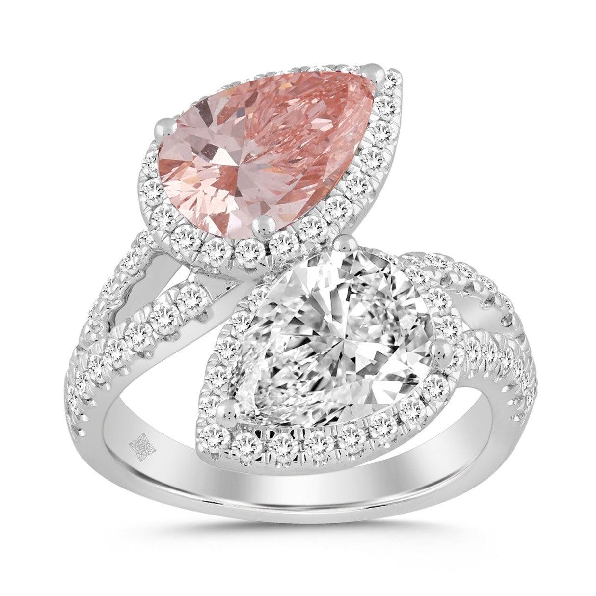 ETERNAL BLUSH COLLECTION LADIES RING 4 3/4CT ROUND/PEAR DIAMOND 14K WHITE GOLD (CENTER STONE PINK PEAR DIAMOND 2CT)