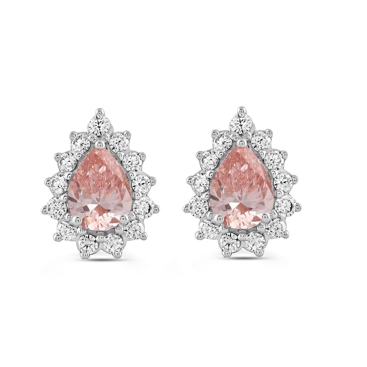ETERNAL BLUSH COLLECTION LADIES EARRINGS  3CT ROUND/PEAR DIAMOND 14K WHITE GOLD  (CENTER STONE PINK PEAR DIAMOND 1CT)