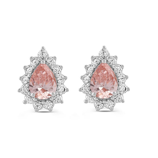 ETERNAL BLUSH COLLECTION LADIES EARRINGS  3CT ROUND/PEAR DIAMOND 14K WHITE GOLD  (CENTER STONE PINK PEAR DIAMOND 1CT)