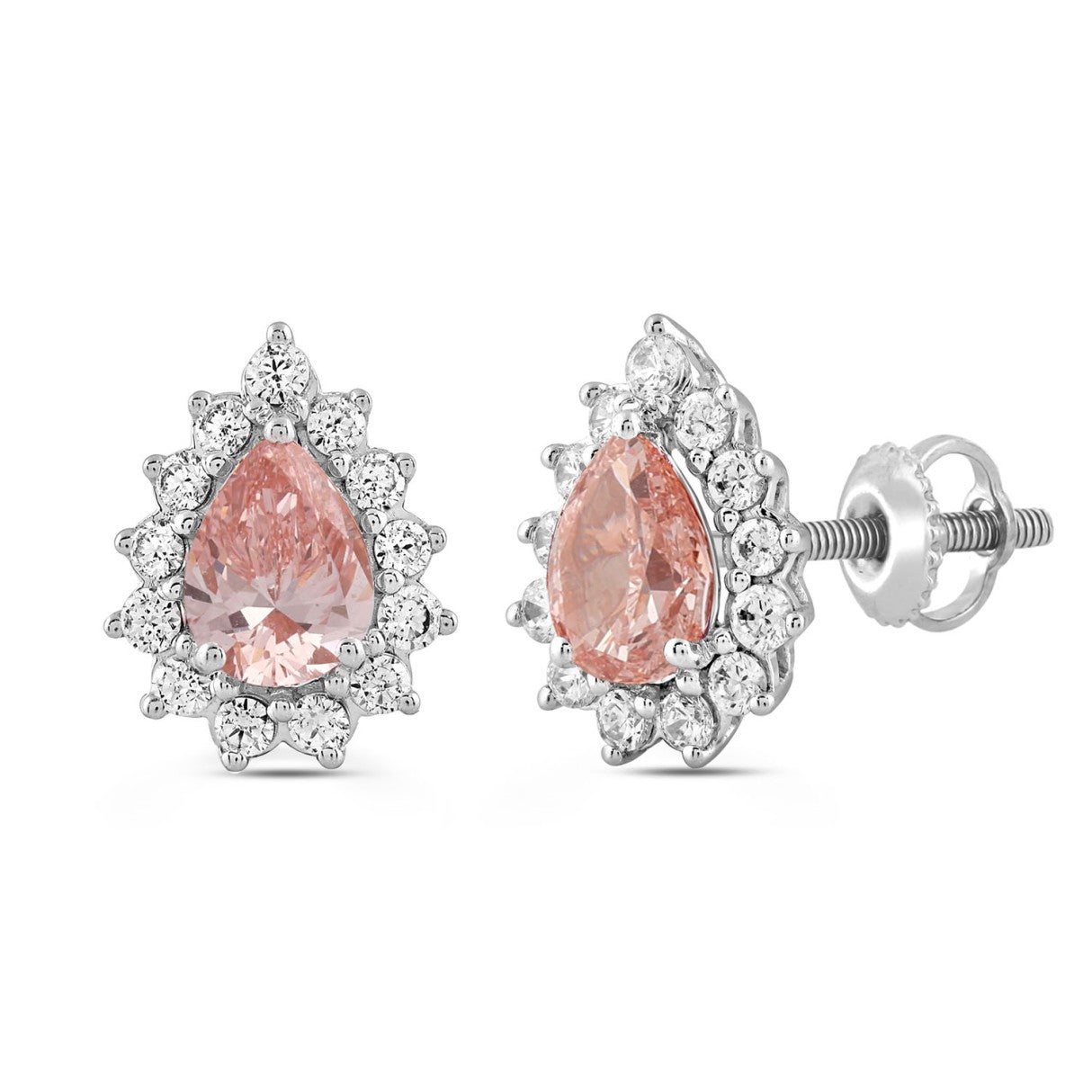 ETERNAL BLUSH COLLECTION LADIES EARRINGS  3CT ROUND/PEAR DIAMOND 14K WHITE GOLD  (CENTER STONE PINK PEAR DIAMOND 1CT)