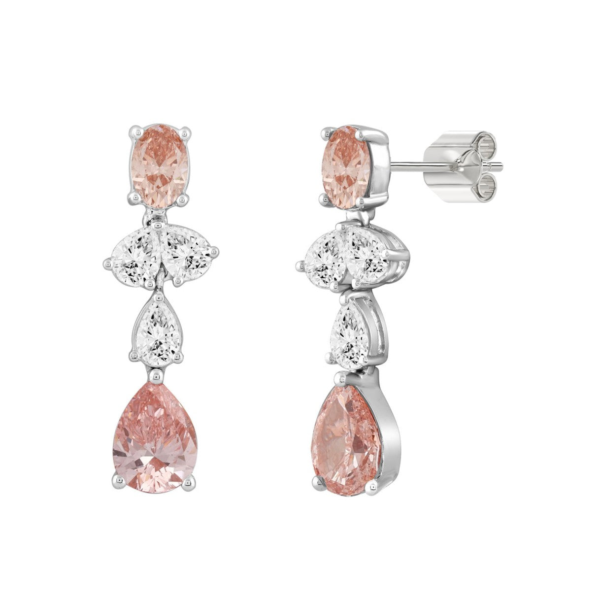 14K WHITE GOLD 3 1/2CT OVAL/PEAR DIAMOND LADIES EARRINGS (PINK PEAR DIAMOND)