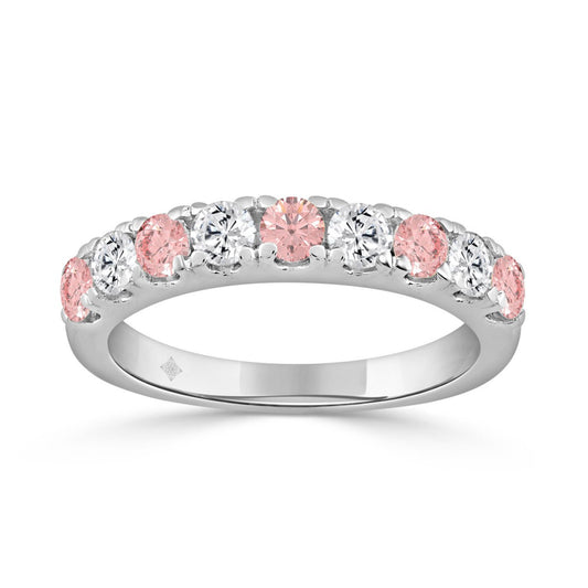 14K White Gold 1.00 CT Round Pink &amp; White Diamond Alternating Band Ring