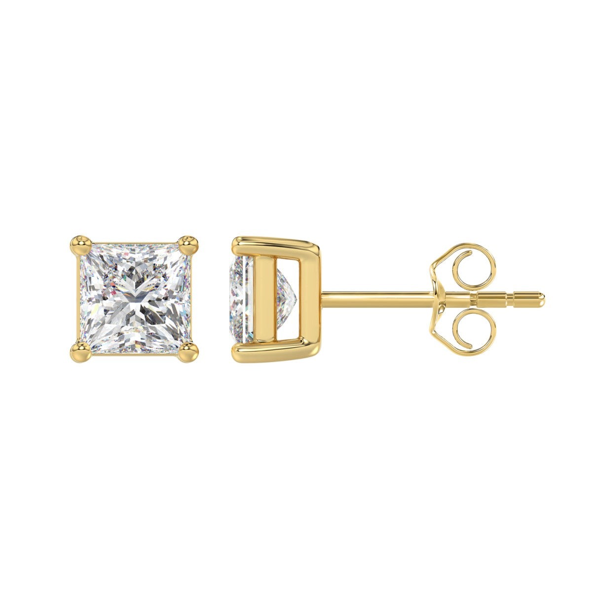 LADIES SOLITAIRE EARRINGS 2 1/2CT PRINCESS DIAMOND 14K YELLOW GOLD 