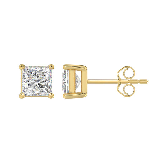 LADIES SOLITAIRE EARRINGS 2 1/2CT PRINCESS DIAMOND 14K YELLOW GOLD 