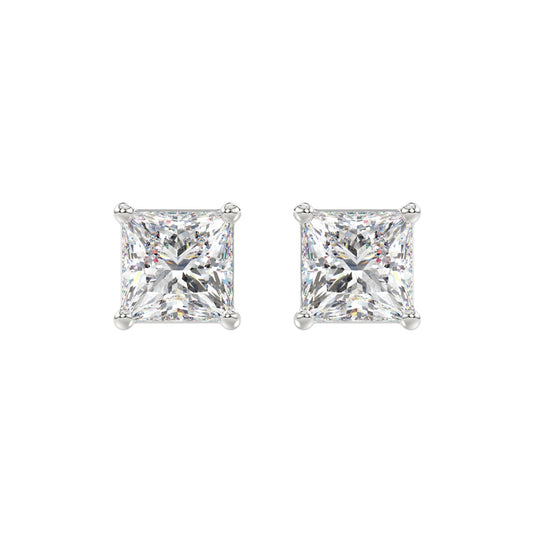 LADIES SOLITAIRE EARRINGS 4CT PRINCESS DIAMOND 14K WHITE GOLD 