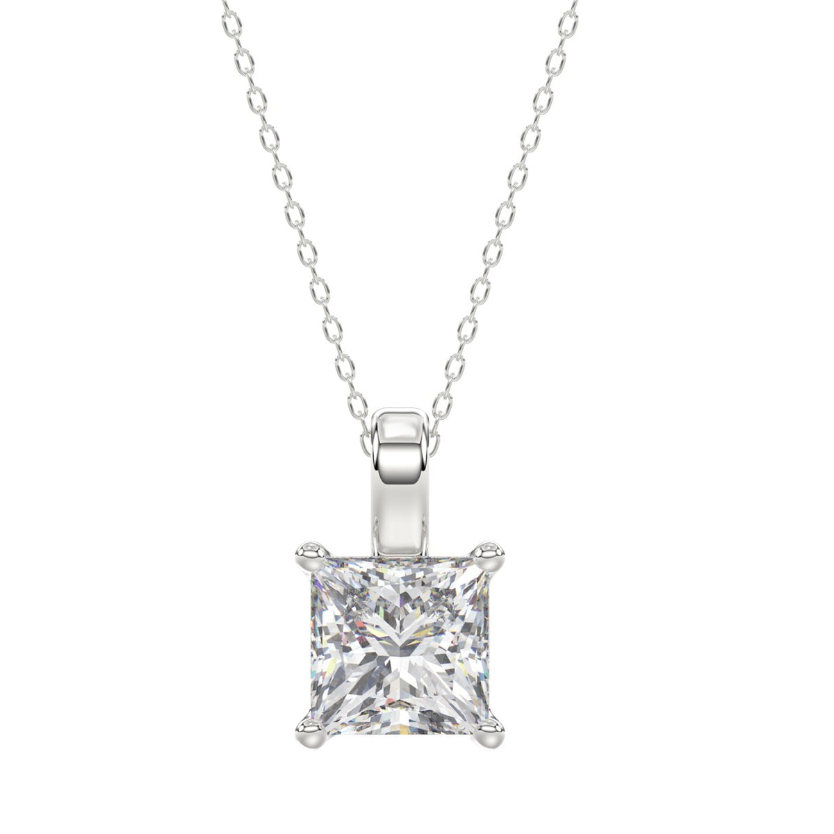 LADIES SOLITAIRE PENDANT WITH CHAIN 4CT PRINCESS DIAMOND 14K WHITE GOLD 