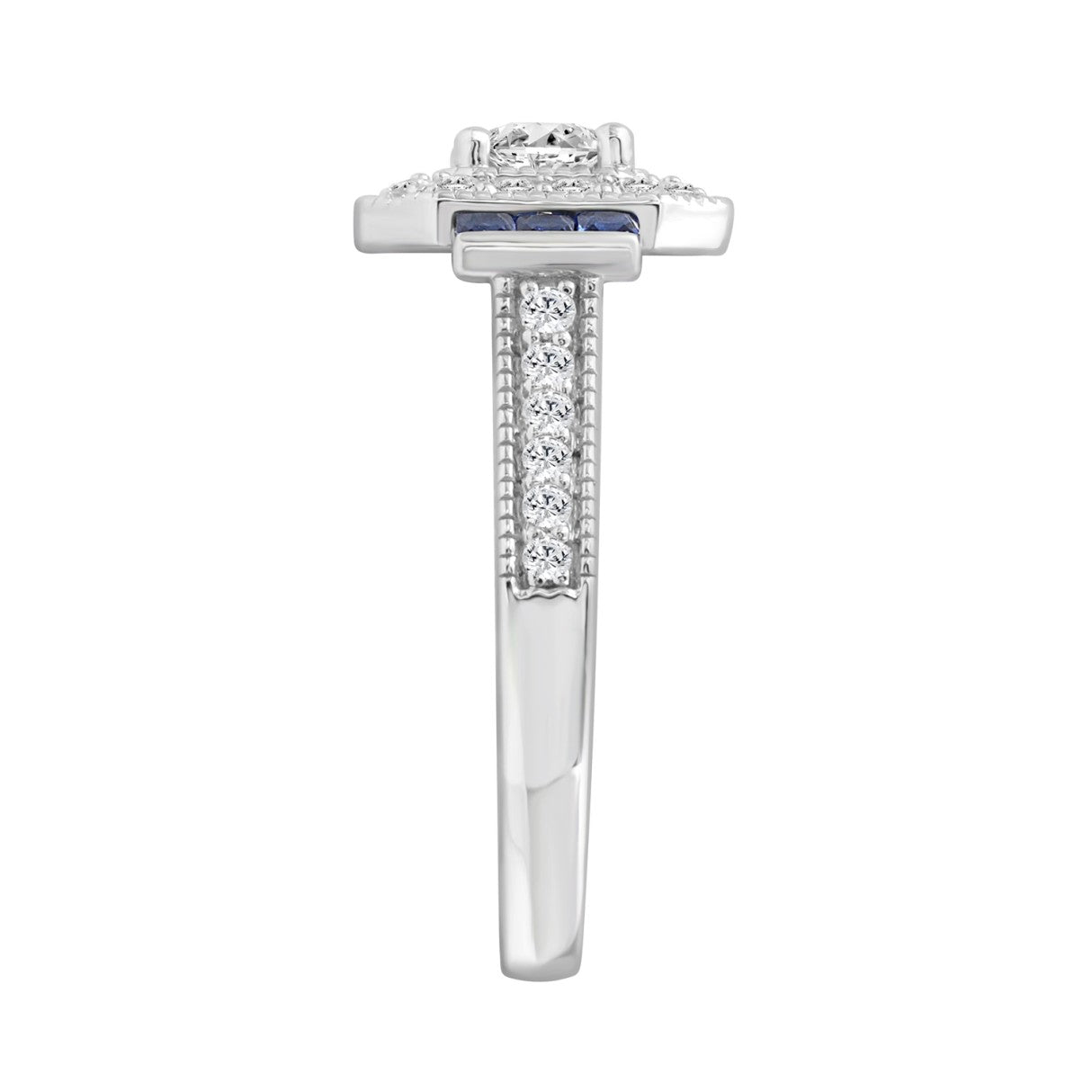 LADIES RING 1CT ROUND/PRINCESS BLUE SAPPHIRE DIAMOND 14K WHITE GOLD (CENTER STONE ROUND DIAMOND 1/6CT )