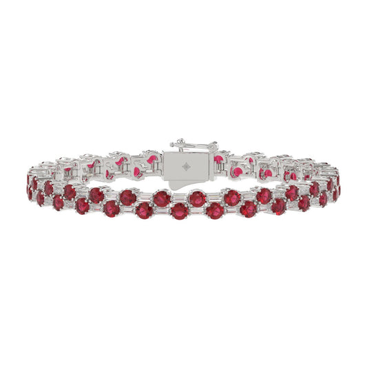 14K WHITE GOLD 9.00CT BAGUETTE/ROUND RUBY DIAMOND LADIES BRACELET (ROUND RUBY 7 3/4CT)