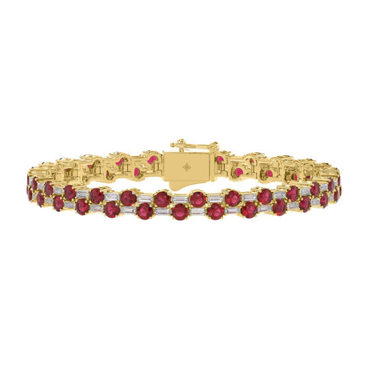 14K YELLOW GOLD 9.00CT BAGUETTE/ROUND RUBY DIAMOND LADIES BRACELET (ROUND RUBY 7 3/4CT)