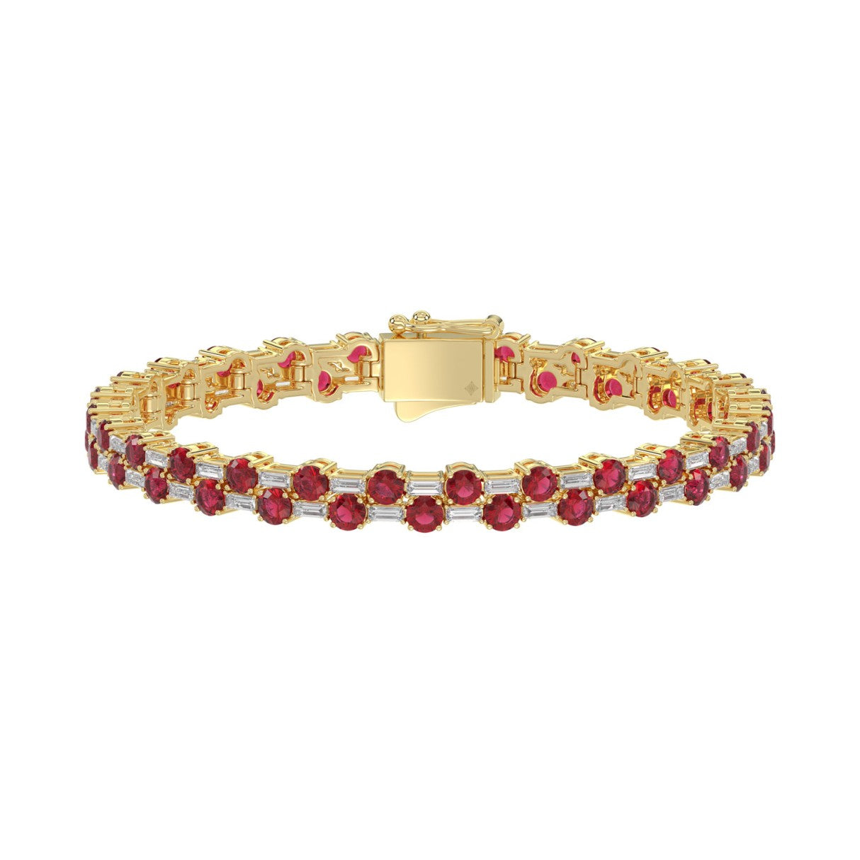 14K YELLOW GOLD 9.00CT BAGUETTE/ROUND RUBY DIAMOND LADIES BRACELET (ROUND RUBY 7 3/4CT)