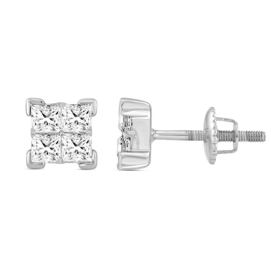 LADIES EARRINGS PRINCESS DIAMOND 10K WHITE GOLD 
