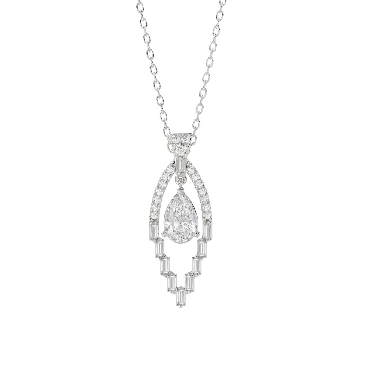 LADIES PENDANT 1 1/2CT ROUND/BAGUETTE/PEAR DIAMOND 14K WHITE GOLD 