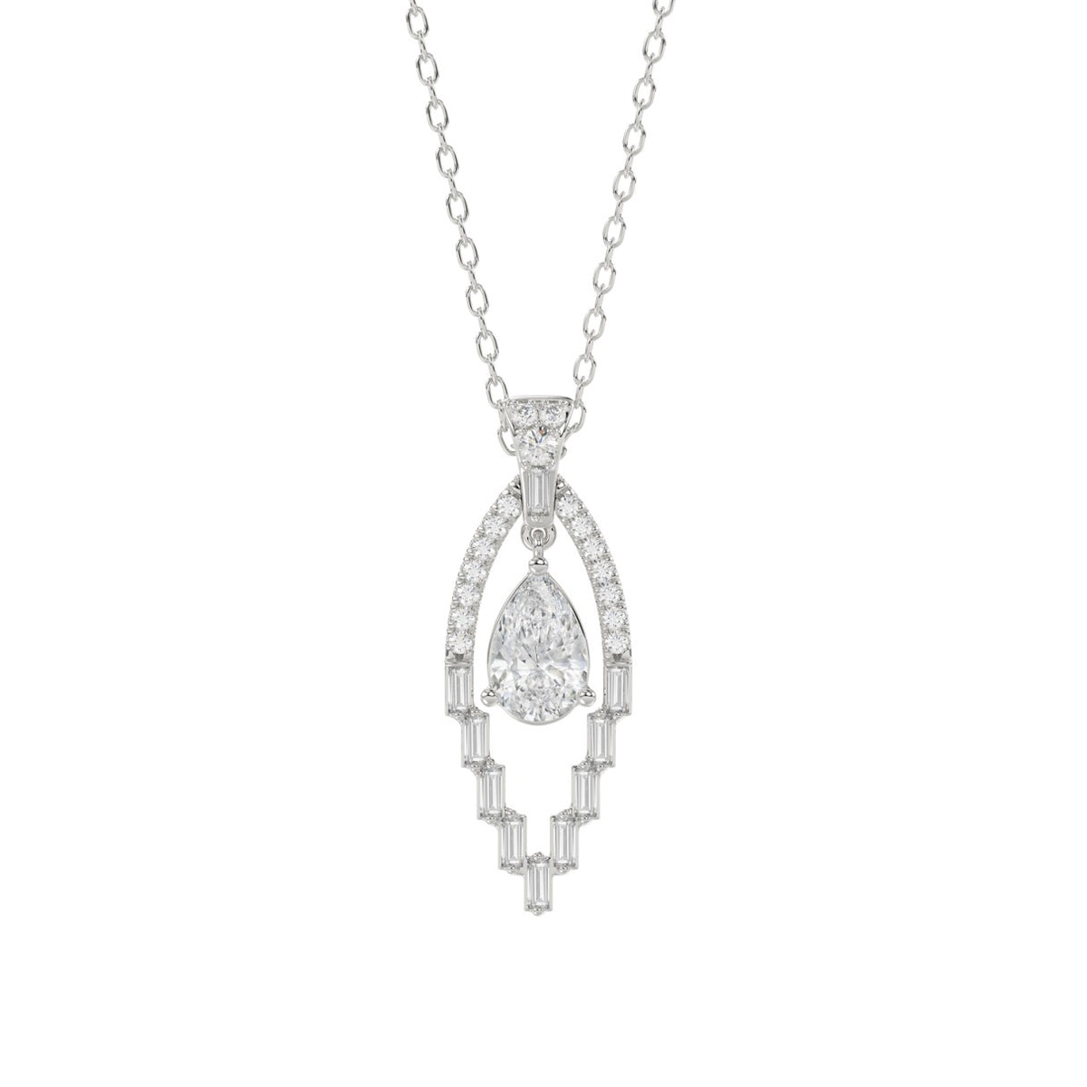 LADIES PENDANT 1 1/2CT ROUND/BAGUETTE/PEAR DIAMOND 14K WHITE GOLD 