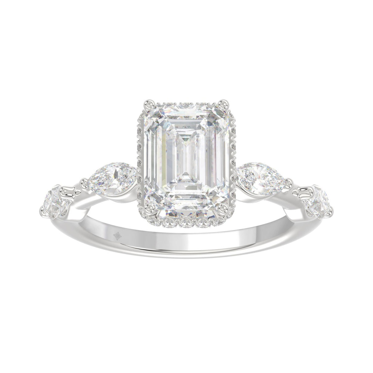 LADIES RING 3 1/2CT ROUND/MARQUISE/EMERALD DIAMOND 14K WHITE GOLD (CENTER STONE EMERALD DIAMOND 3.00CT)