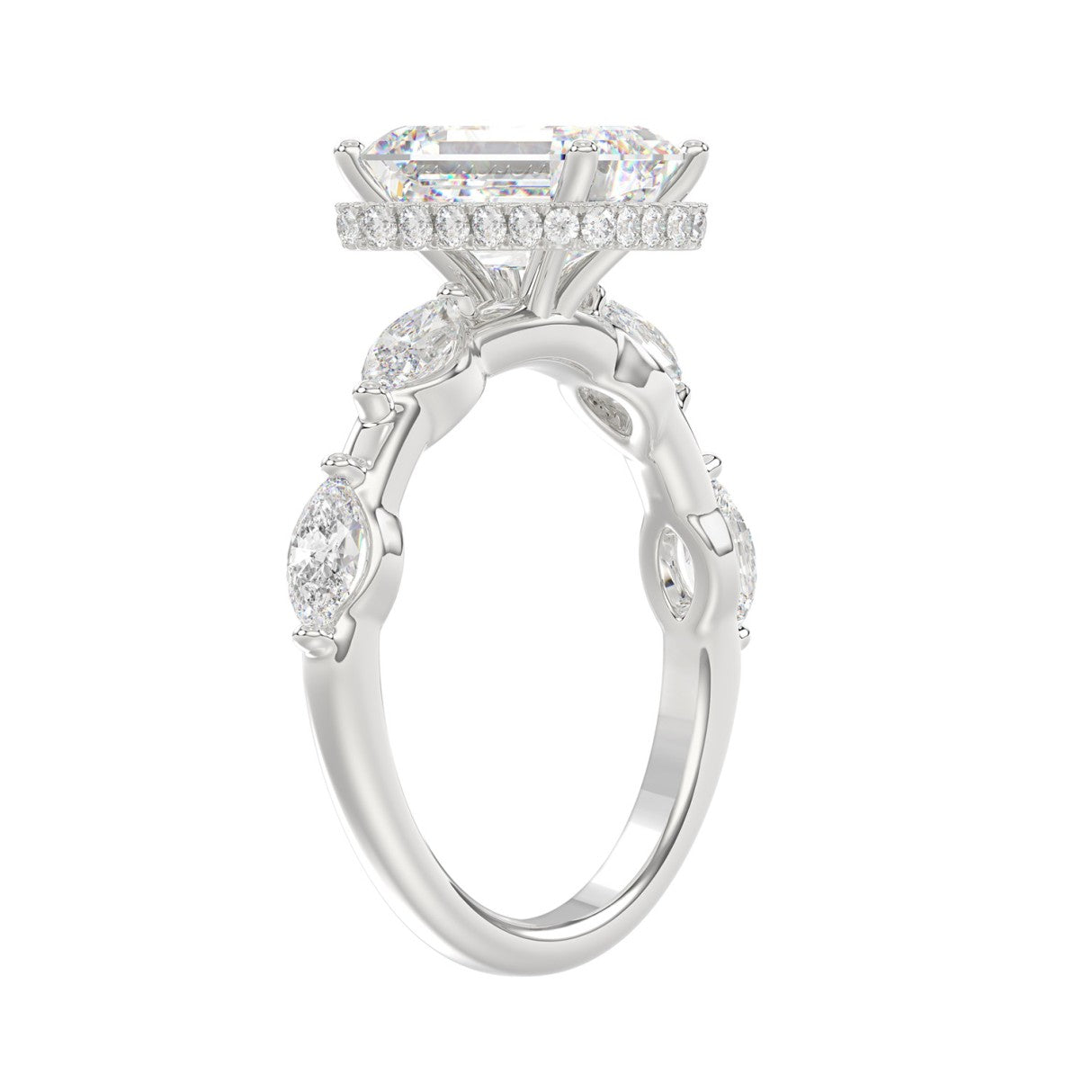 LADIES RING 3 1/2CT ROUND/MARQUISE/EMERALD DIAMOND 14K WHITE GOLD (CENTER STONE EMERALD DIAMOND 3.00CT)