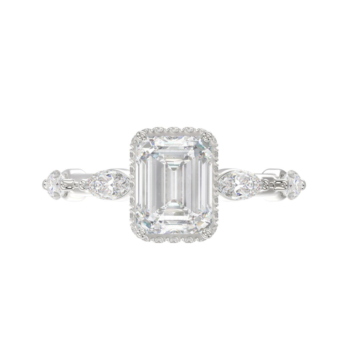 LADIES RING 3 1/2CT ROUND/MARQUISE/EMERALD DIAMOND 14K WHITE GOLD (CENTER STONE EMERALD DIAMOND 3.00CT)