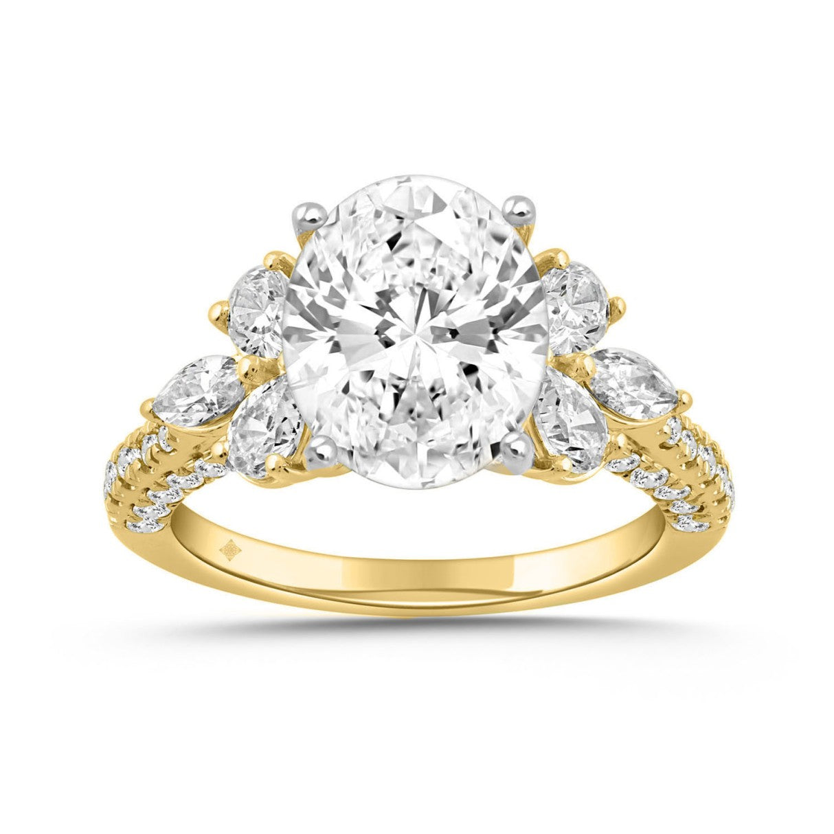 LADIES RING 4 1/3CT ROUND/PEAR/OVAL/MARQUISE DIAMOND 14K YELLOW GOLD (CENTER STONE OVAL DIAMOND 3.00CT)