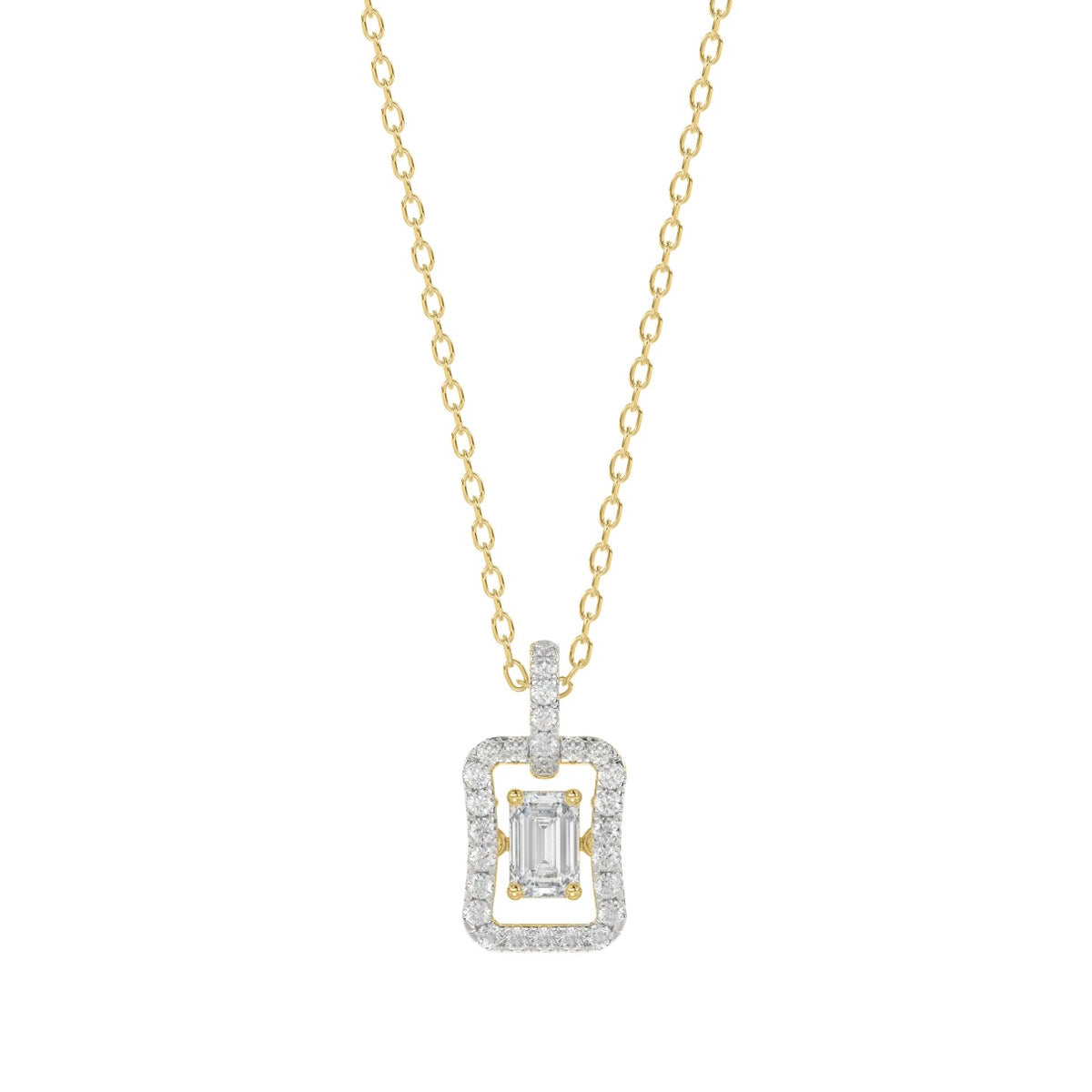 LADIES DANCING DIAMOND PENDANT WITH CHAIN 3/4CT ROUND/EMERALD DIAMOND 14K YELLOW GOLD (CENTER STONE EMERALD DIAMOND 1/2CT)
