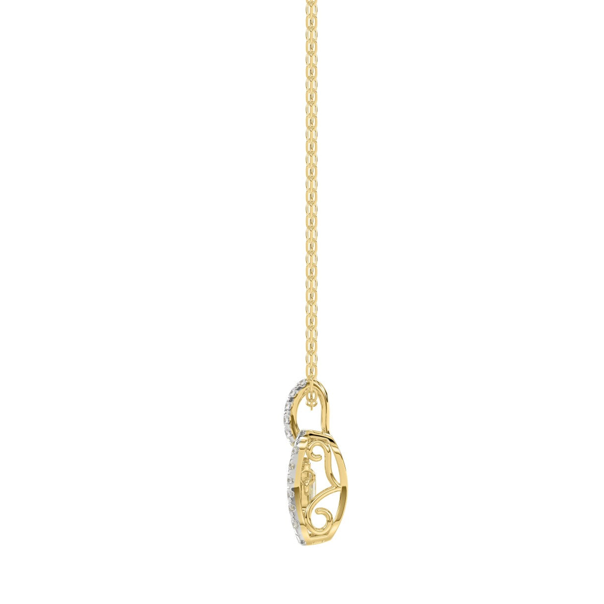 LADIES DANCING DIAMOND PENDANT WITH CHAIN 3/4CT ROUND/EMERALD DIAMOND 14K YELLOW GOLD (CENTER STONE EMERALD DIAMOND 1/2CT)