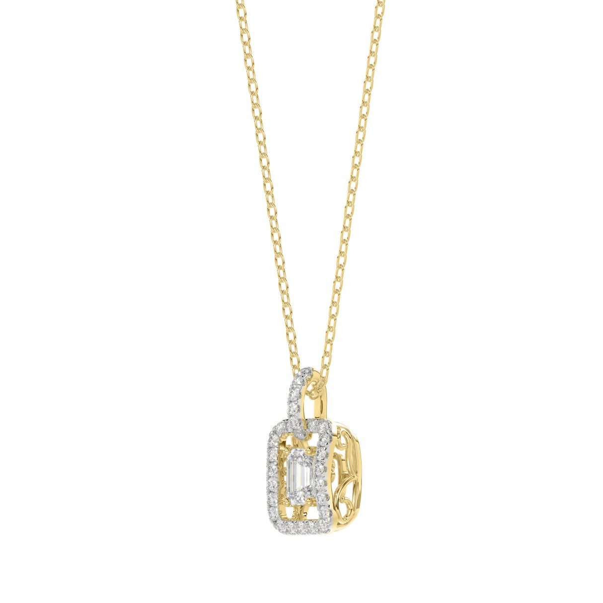LADIES DANCING DIAMOND PENDANT WITH CHAIN 3/4CT ROUND/EMERALD DIAMOND 14K YELLOW GOLD (CENTER STONE EMERALD DIAMOND 1/2CT)