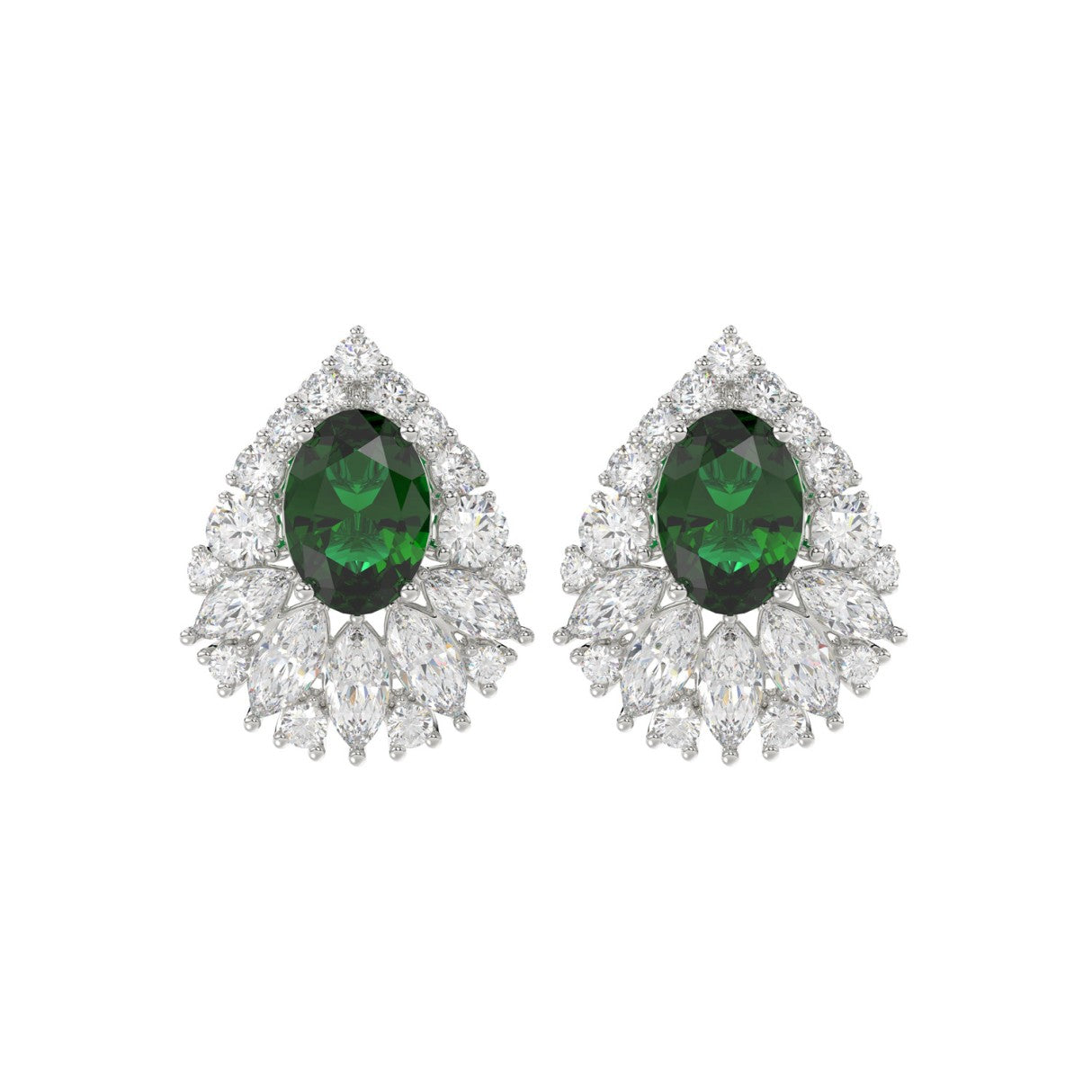 LADIES EARRINGS 4.50CT ROUND/MARQUISE/OVAL DIAMOND 14K WHITE GOLD (CENTER STONE GREEN EMERALD OVAL DIAMOND 2 1/2CT)