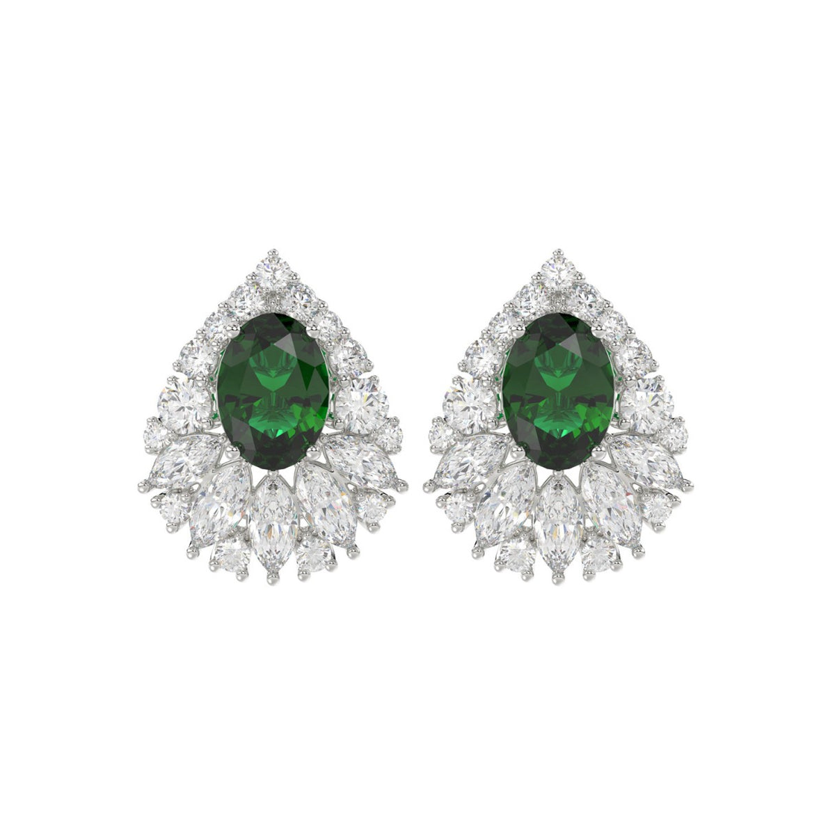 LADIES EARRINGS 4.50CT ROUND/MARQUISE/OVAL DIAMOND 14K WHITE GOLD (CENTER STONE GREEN EMERALD OVAL DIAMOND 2 1/2CT)
