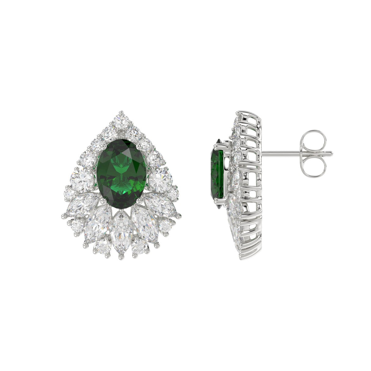 LADIES EARRINGS 4 1/2CT ROUND/MARQUISE/OVAL DIAMOND 14K WHITE GOLD (CENTER STONE GREEN EMERALD OVAL DIAMOND 2 1/2CT)