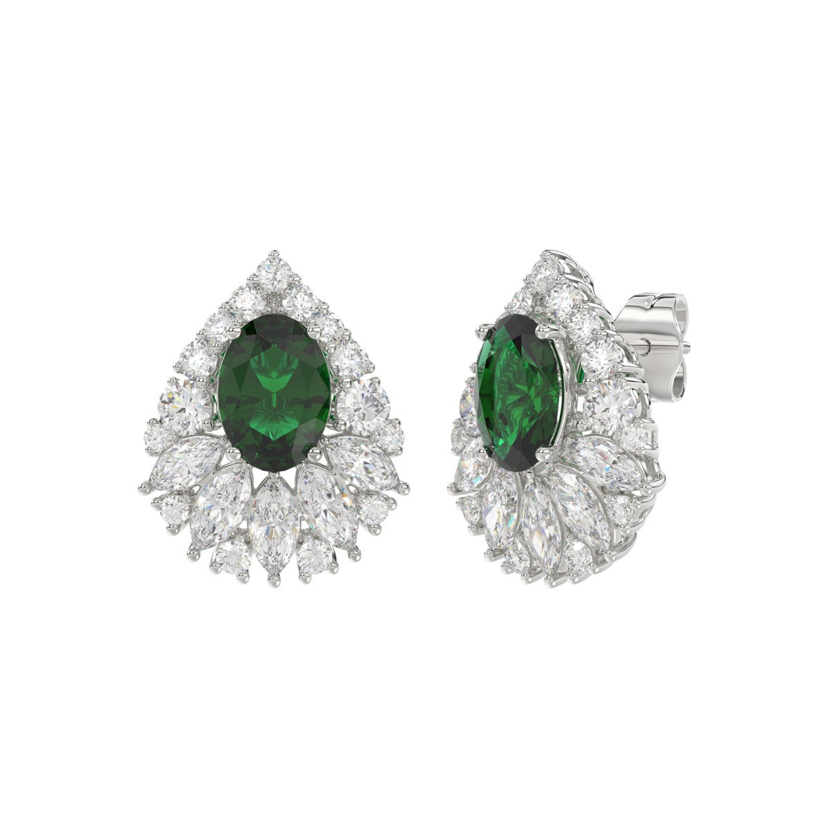 LADIES EARRINGS 4 1/2CT ROUND/MARQUISE/OVAL DIAMOND 14K WHITE GOLD (CENTER STONE GREEN EMERALD OVAL DIAMOND 2 1/2CT)