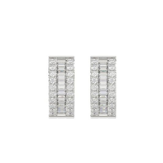 LADIES HOOP EARRINGS 3/8CT ROUND/BAGUETTE DIAMOND 14K WHITE GOLD 