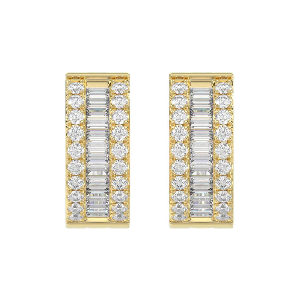 LADIES HOOP EARRINGS 3/8CT ROUND/BAGUETTE DIAMOND 14K YELLOW GOLD 