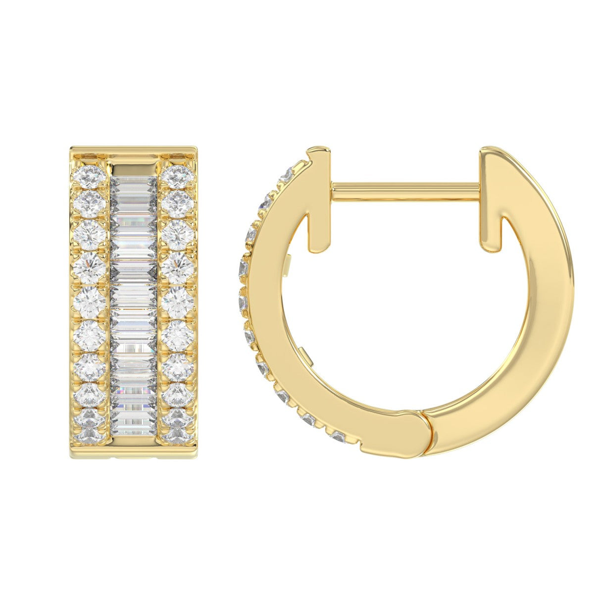 LADIES HOOP EARRINGS 3/8CT ROUND/BAGUETTE DIAMOND 14K YELLOW GOLD 