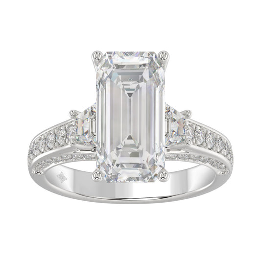 Luxury 14K White Gold Ladies Diamond Ring 4.00CT Round, Emerald &amp; Trapezoid Diamonds with 3.00CT Emerald  Center stone (Color F-G -Clarity VS1/VS2)