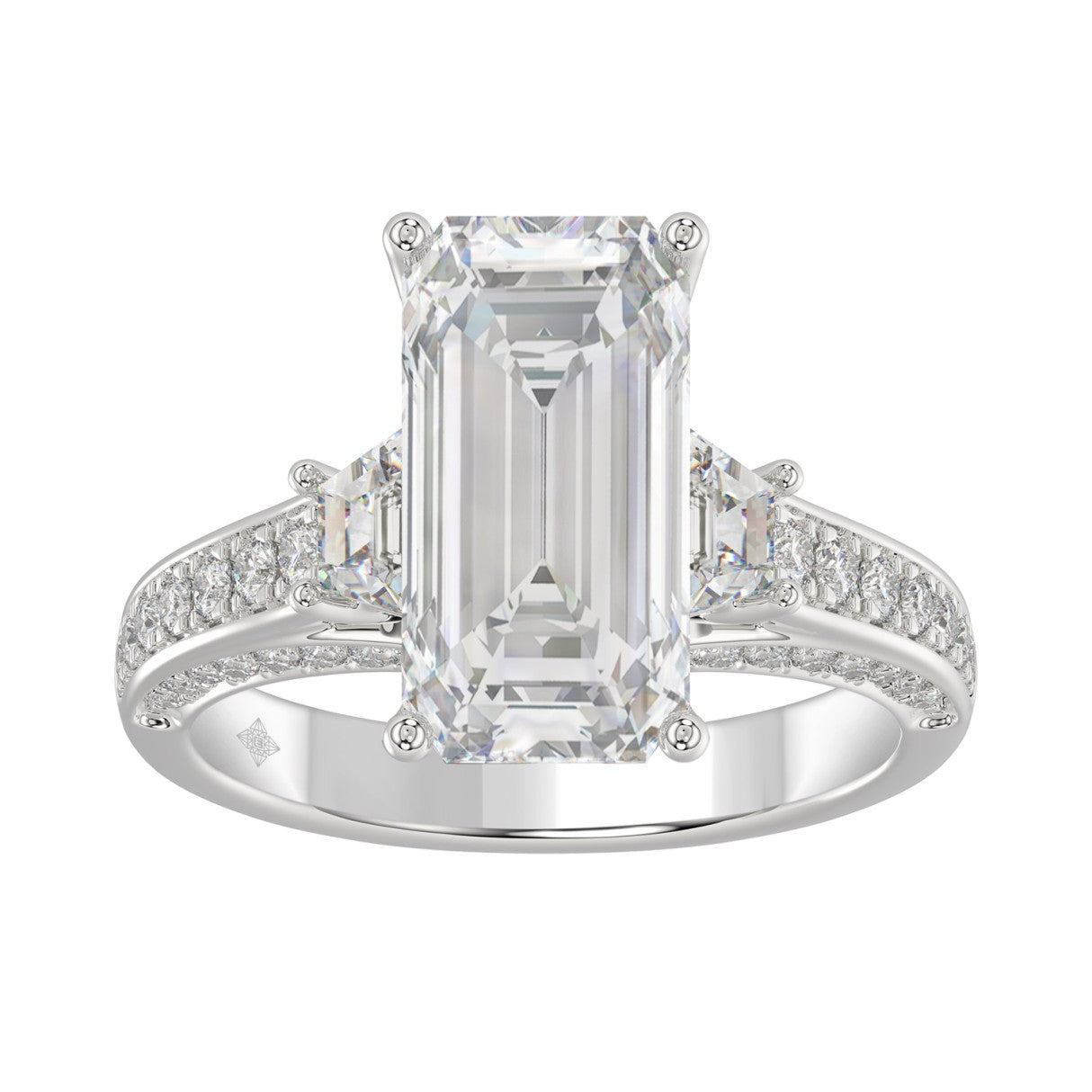 Luxury 14K White Gold Ladies Diamond Ring 4.00CT Round, Emerald &amp; Trapezoid Diamonds with 3.00CT Emerald  Center stone (Color F-G -Clarity VS1/VS2)