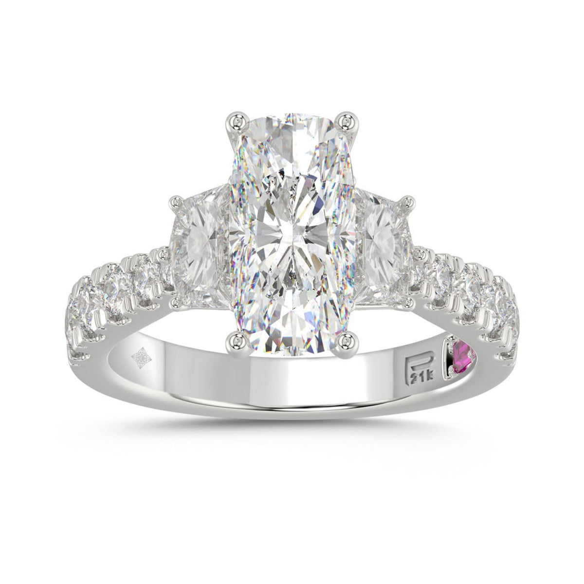 21K PLATINUM LADIES RING WITH 3 1/3CT ROUND/CUSHION/BAGUETTE DIAMONDS (CENTER STONE CUSHION DIAMOND 2CT)