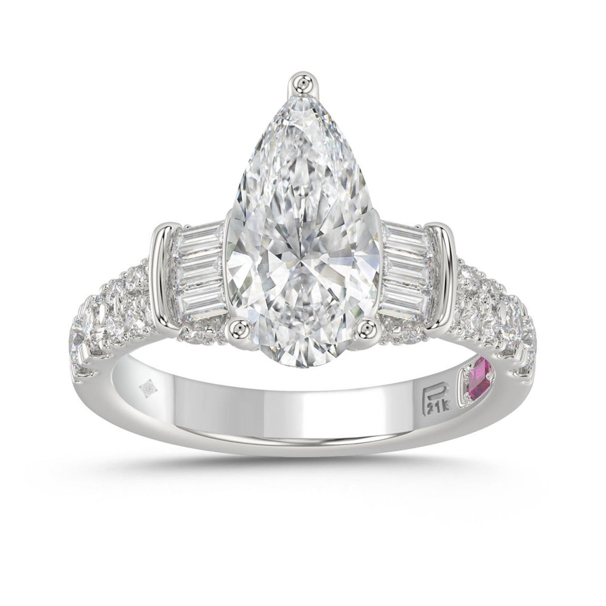 21K PLATINUM LADIES RING 2 3/4CT ROUND/PEAR/BAGUETTE DIAMOND (CENTER STONE PEAR DIAMOND 2CT)