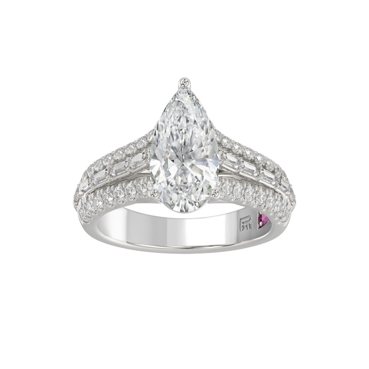 21K PLATINUM LADIES RING 2 3/4CT ROUND/PEAR/BAGUETTE DIAMOND (CENTER STONE PEAR DIAMOND 2CT)