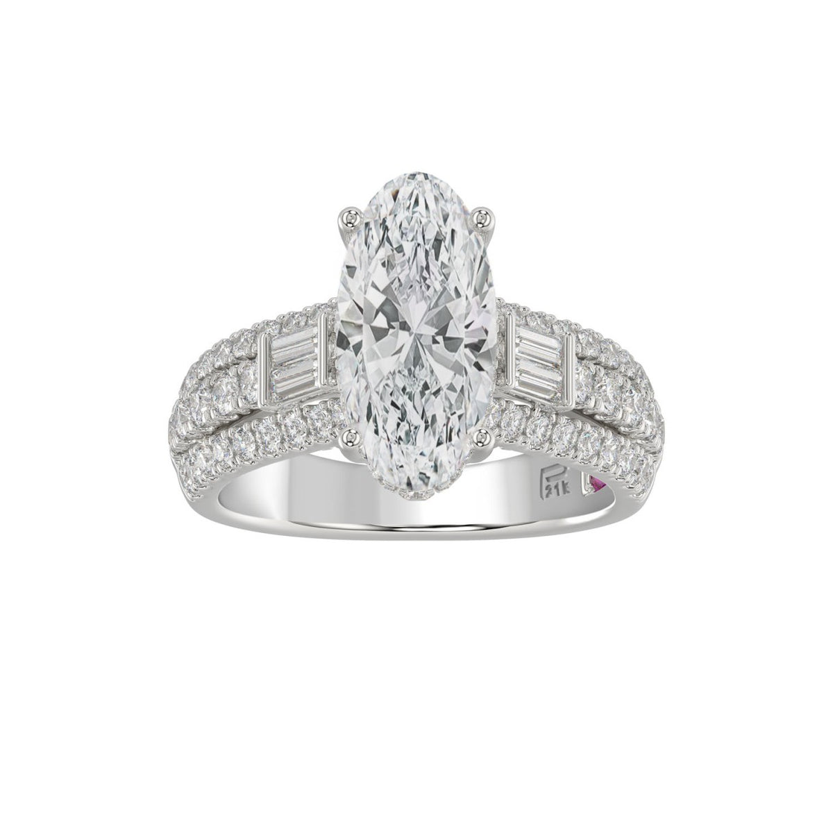 21K PLATINUM LADIES RING 4.00CT ROUND/OVAL/BAGUETTE DIAMOND (CENTER STONE OVAL DIAMOND 3CT)