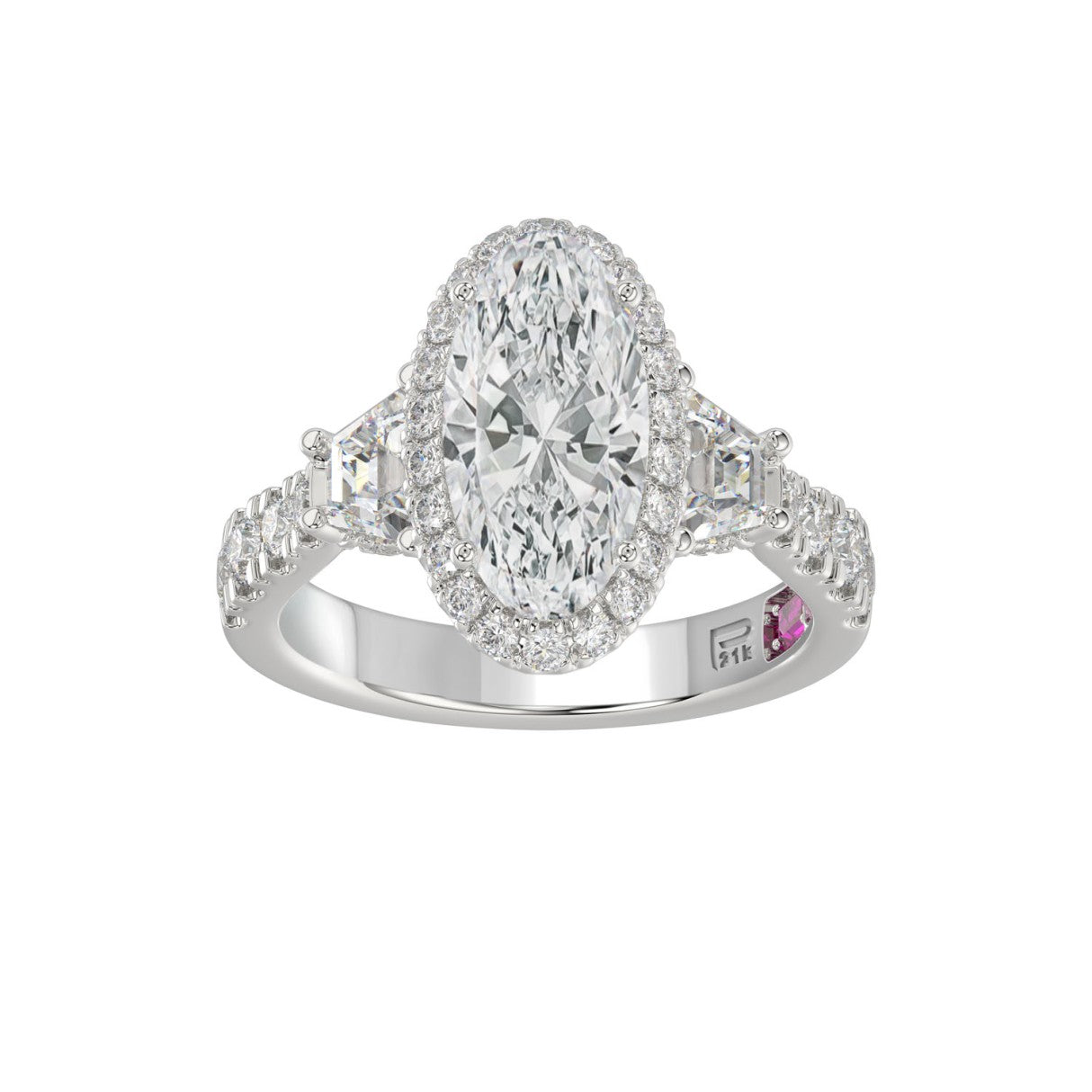 21K PLATINUM LADIES RING 3 1/4CT ROUND/ELONGATED OVAL/TRAPEZOID/BAGUETTE DIAMOND (CENTER STONE ELONGATED  OVAL DIAMOND 2CT)