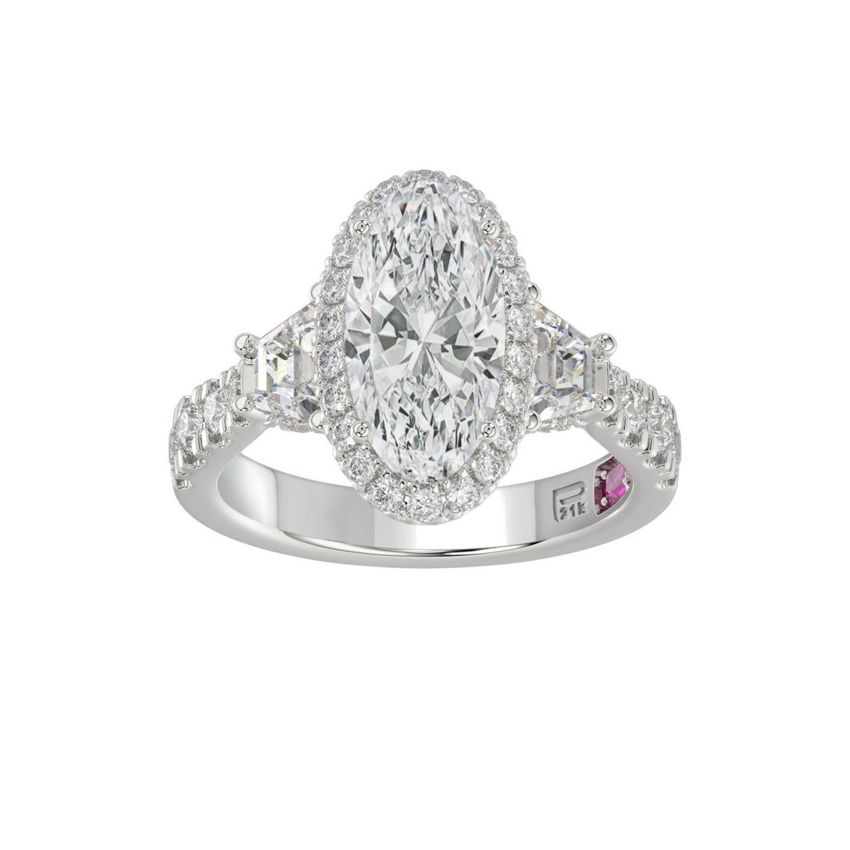 21K PLATINUM LADIES RING 3 1/4CT ROUND/OVAL/TRAPEZOID/BAGUETTE DIAMOND (CENTER STONE OVAL DIAMOND 2CT)