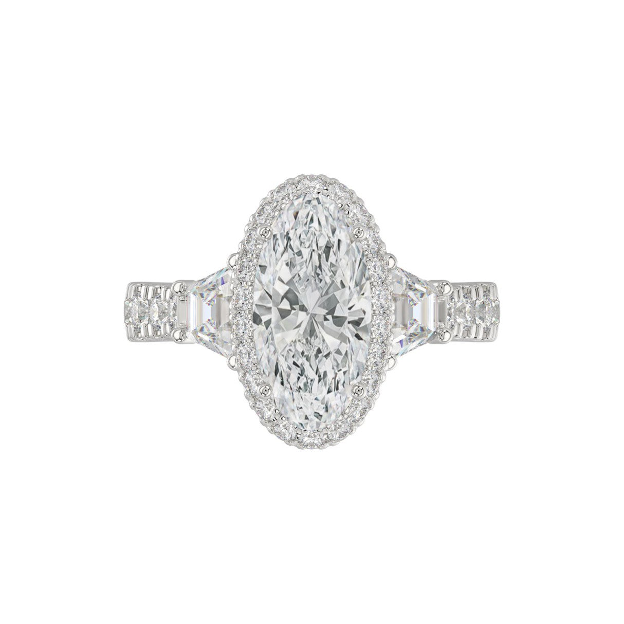 21K PLATINUM LADIES RING 3 1/4CT ROUND/ELONGATED OVAL/TRAPEZOID/BAGUETTE DIAMOND (CENTER STONE ELONGATED  OVAL DIAMOND 2CT)