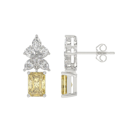 14K WHITE GOLD 3.00CT PEAR/MARQUISE/YELLOW RADIANT DIAMOND LADIES EARRING (CENTER STONE RADIANT DIAMOND 1CT)